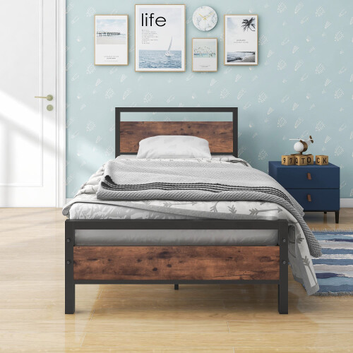 BOFENG 3ft Single Bed Frames Solid Bedstead Base with Wood Headboard,Heavy Duty Metal Platform Bed Frame No Box Spring Needed,Mattress Base/Metal Slat