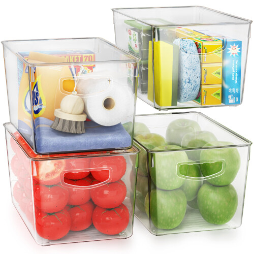 4 Pack Clear Storage Bins with Lids Stackable, Large Plastic Storage Bins with Handle for Pantry Organization and Storage, Perfect Containers for