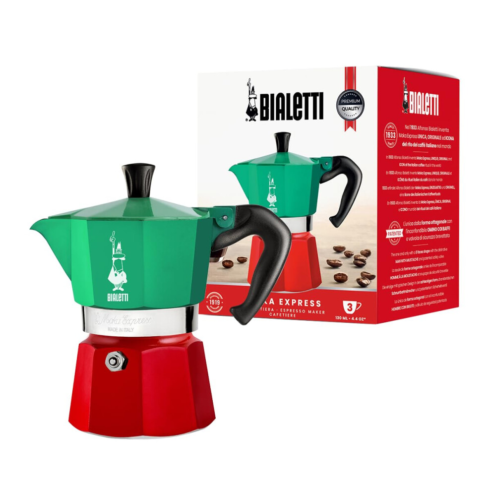 Bialetti Moka Express Italia Collection (Tricolor), 3 Cup Coffee Maker, Aluminum, Green/Red