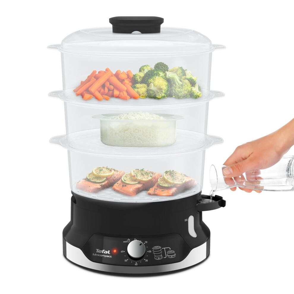 Tefal Ultracompact Steam Cooker, 9L, Stackable Storage System, 3-Tier Food Steamer, BPA-Free Bowls, 60-Min Timer, Refill While Steaming, Rice
