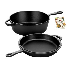 Overmont Pre-Seasoned 3L/3.2 quart Cast Iron Combo Cooker with Lid,2 in 1 with Cookbook Recipe,3L Dutch Oven, 1.4L Skillet, Grill Griddle Works on