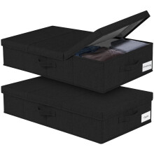 JUPELI Under Bed Storage Box with Lid, 2 Pack Large Underbed Storage Boxes, Foldable Black Under Bed Clothes Storage Box W/Handle, Under Bed Storage