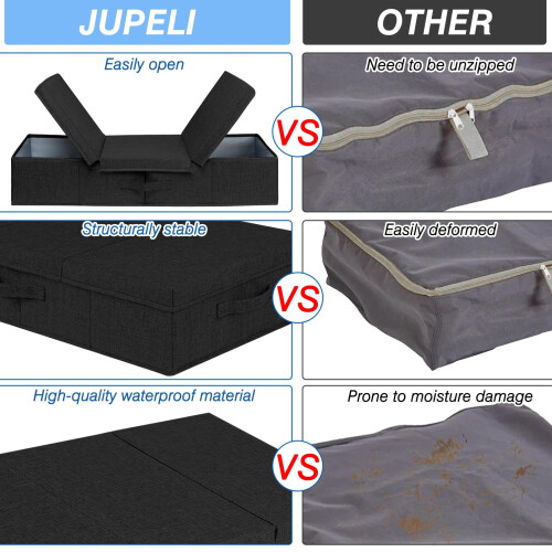 JUPELI Under Bed Storage Box with Lid, 2 Pack Large Underbed Storage Boxes, Foldable Black Under Bed Clothes Storage Box W/Handle, Under Bed Storage 1