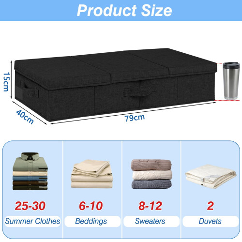 JUPELI Under Bed Storage Box with Lid, 2 Pack Large Underbed Storage Boxes, Foldable Black Under Bed Clothes Storage Box W/Handle, Under Bed Storage 2