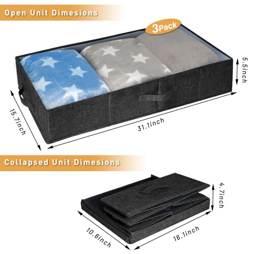 Underbed Storage, 3 Pack Large Under Bed Storage Box with Lids, Foldable Under Bed Clothes Storage Box W/ Handle, Under Bed Storage Organiser Drawer 1