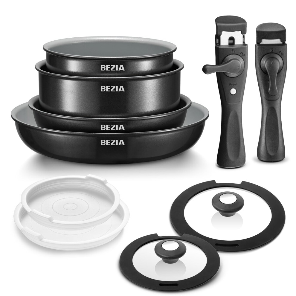 BEZIA Induction Hob Pans Set, Ceramic Nonstick Pots and Pans Set 10 Pieces, Pan Sets with Detachable Handles, Stackable Cookware Set for All Hobs-image-OPC-PGN8ZR5-NEW