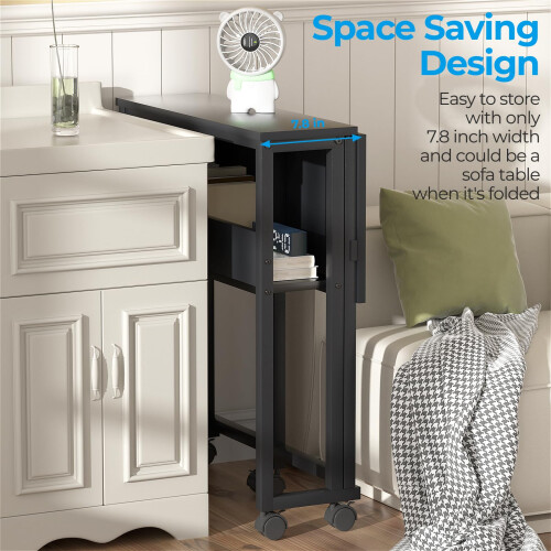 GreenForest Small Folding Desk with Storage Shelf,63 cm Computer Rolling Desk on Wheels Easy Assembly,Foldable desk for Small Space,Black 1