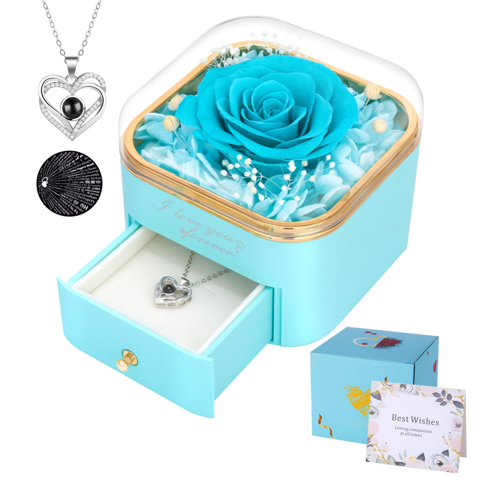 Firestyle Preserved Light Real Rose With I Love You Necklace In 100 Languages Eternal Flowers Rose Gifts For Her Women Mum Wife Girlfriend On Blue