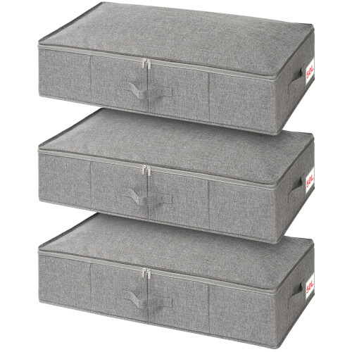 Under Bed Storage Box with Lids, 3 Pack Underbed Storage with Side & Bottom Support & 3 Handles, Large Foldable Fabric Under Bed Storage Bag with Zip
