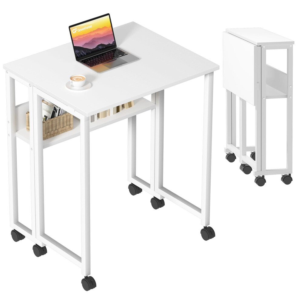 GreenForest Small Folding Desk with Storage Shelf,63 cm Computer Rolling Desk on Wheels Easy Assembly,Foldable desk for Small Space,White-image-OPC-PGN92F8-NEW