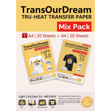 TransOurDream Iron-on Printable Heat Transfer Vinyl 3.0 Transfer Paper for Dark and Light Colored Fabrics-Inkjet & Laser Printer Mix Pack 20+20 Sheets