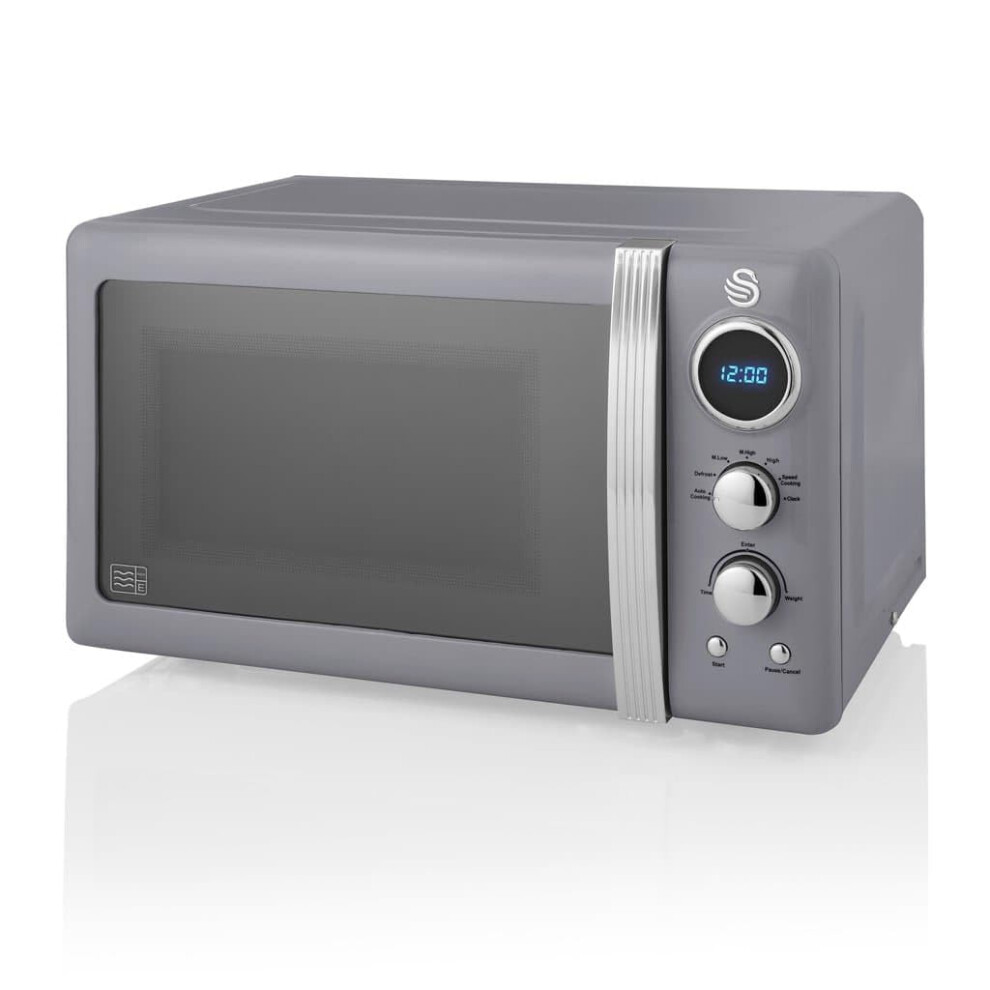 Swan Sm22030lgrn Retro Led Digital Microwave With Glass Turntable, 5 Power Levels & Defrost Setting, 20L, 800W, Grey