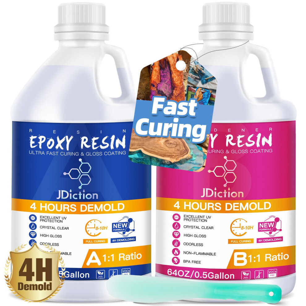 Jdiction Fast Curing Epoxy Resin, 4 Hours Demold Upgrade Formula, 1Gallon / 3.8L Fast Curing And Bubble Free Epoxy Resin, Crystal Clear Epoxy Resin