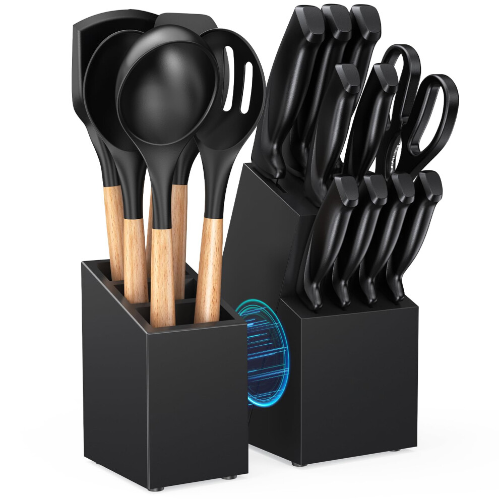 Knife Set with Kitchen Utensils Set - Complete 18-Piece Knife Set forKitchen with Block - Includes 10-Piece Knives & 6-Piece Silicone Utensil