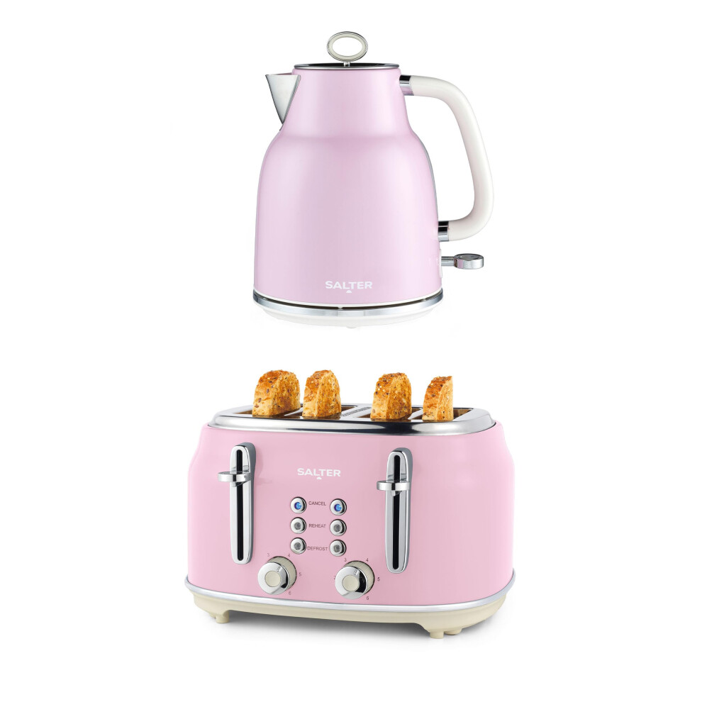 Salter Retro Pink Kettle & Toaster Set ? 1.7L Fast Boil Kettle with Removable Limescale Filter, 4-Slice Wide Slot Toaster for Thick Bread/Bagels, Blue