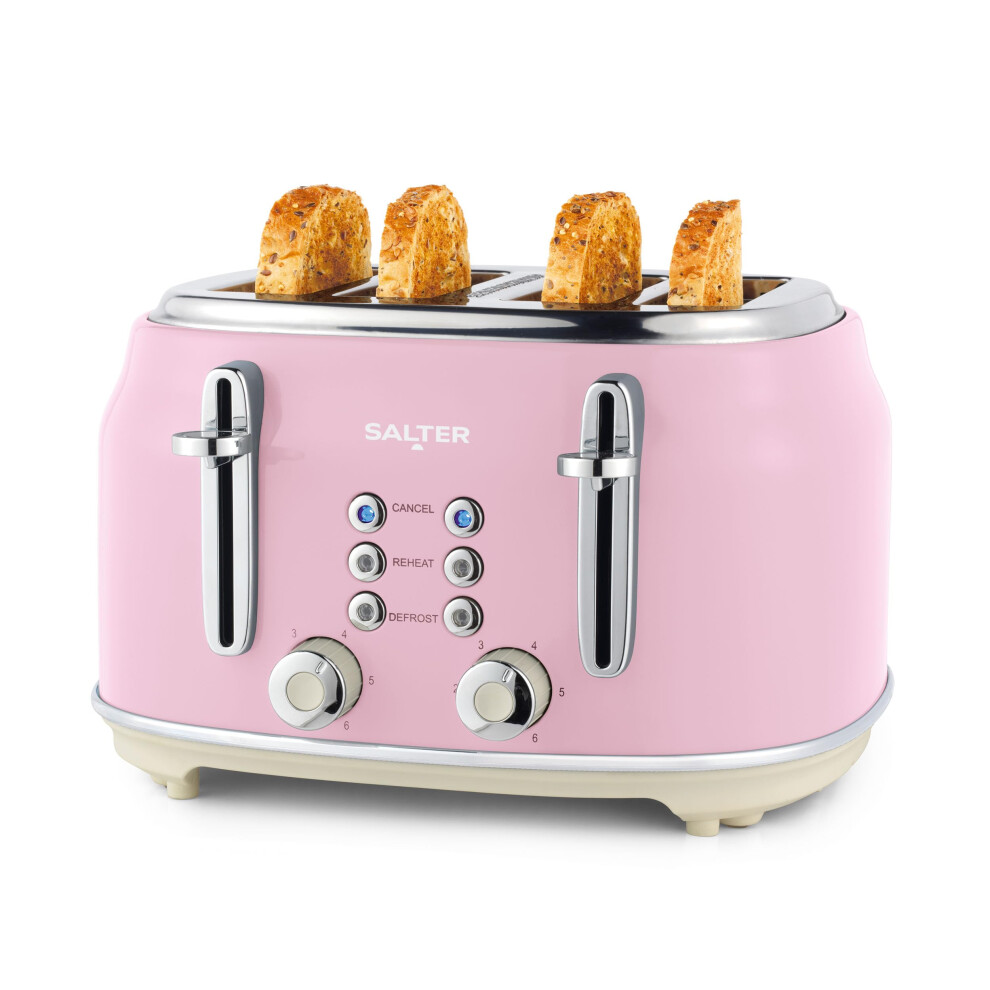 Salter Retro Pink 4-Slice Toaster ? Wide Slots, 6 Browning Levels, Defrost, Reheat, Cancel Functions, Removable Crumb Tray, Extra Thick Bread,