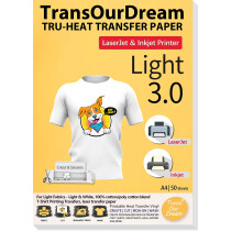 TransOurDream Tru-T Shirt Transfer Paper 50 Sheets A4 Iron On Transfers for Inkjet & Laser Printer Printable HTV Heat Transfer Vinyl for White and