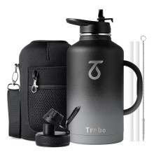 Trebo Insulated Water Bottle 2L, Stainless Steel Water Bottle 2L Metal Bottle with Handle Metal Large Jug Travel Flask with Straw Spout Lid Mug