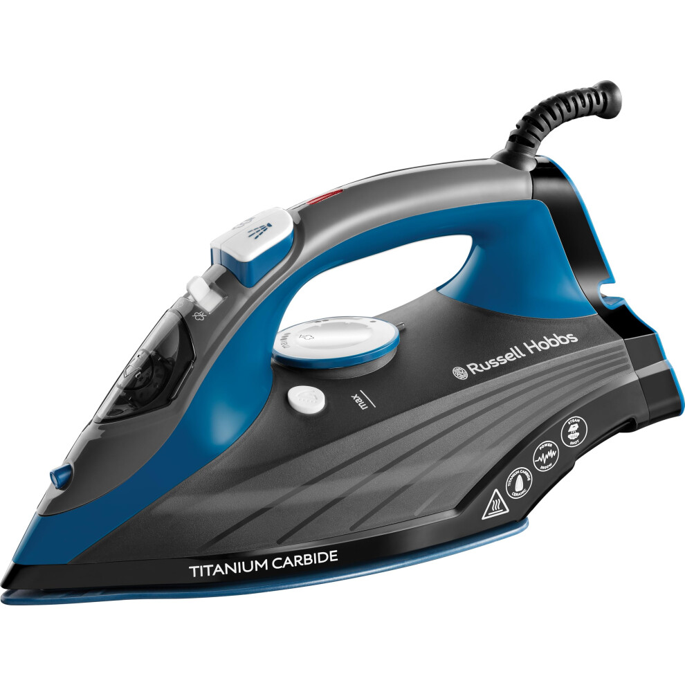 Russell Hobbs Iron [2600W, 160G Steam Shot, 55G/Min Continuous Steam] Titanium Carbide (Titanium-Infused Ceramic Soleplate, 330Ml Tank, Self-Cleaning,