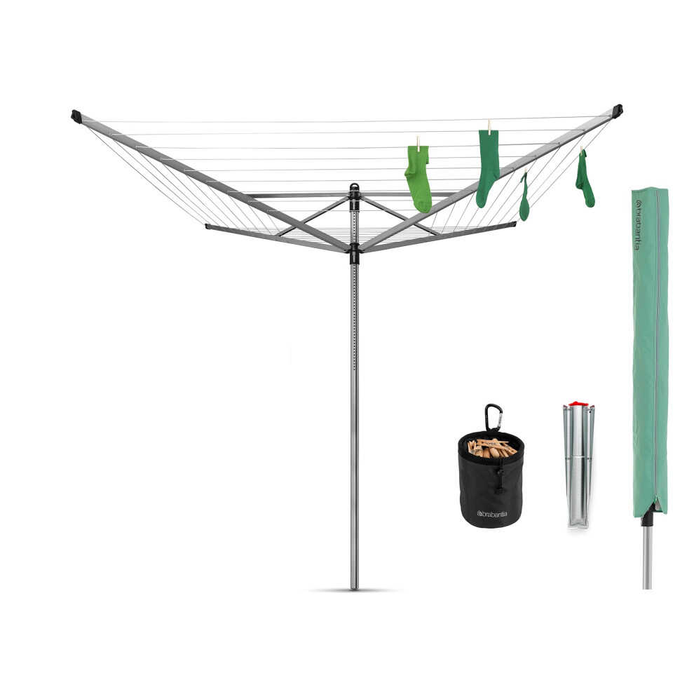 Brabantia - Lift-O-Matic - 50M of Clothes Line - Adjustable in Height - UV-Resistant & Non-Slip Lining - Umbrella System - with Ground Spike 45 mm &