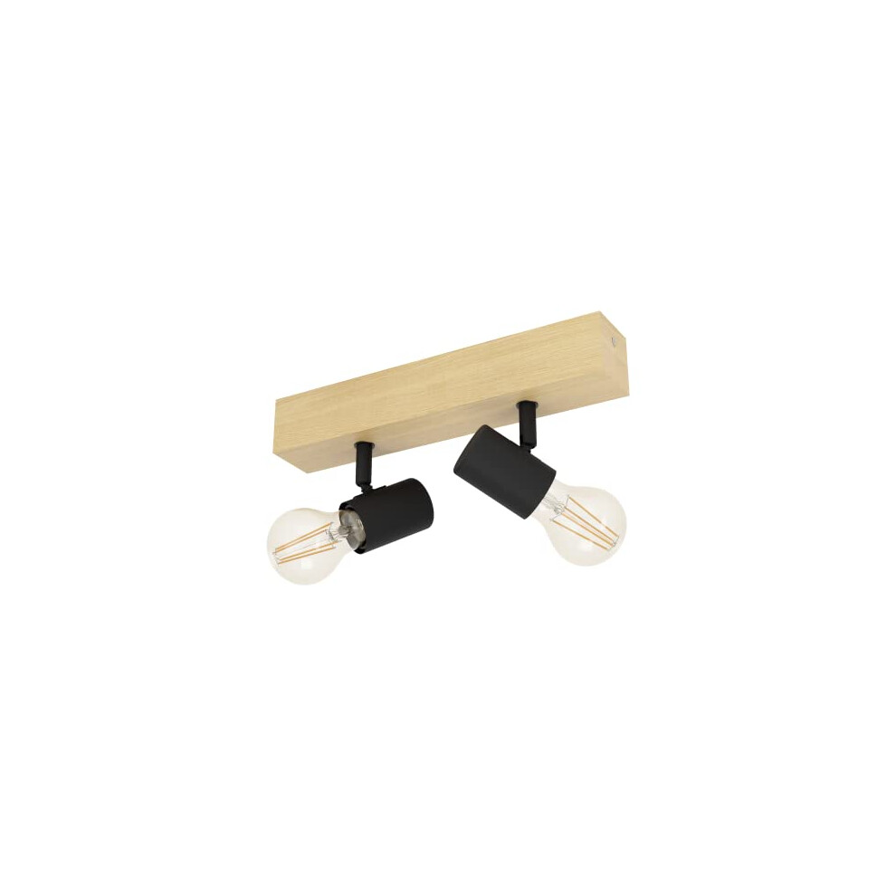 Eglo Townshend 3 Ceiling Light, 2-Flame Vintage Wall Spotlight with an Industrial/Retro Design Made of Steel and Wood, Black and Brown Colours, E27