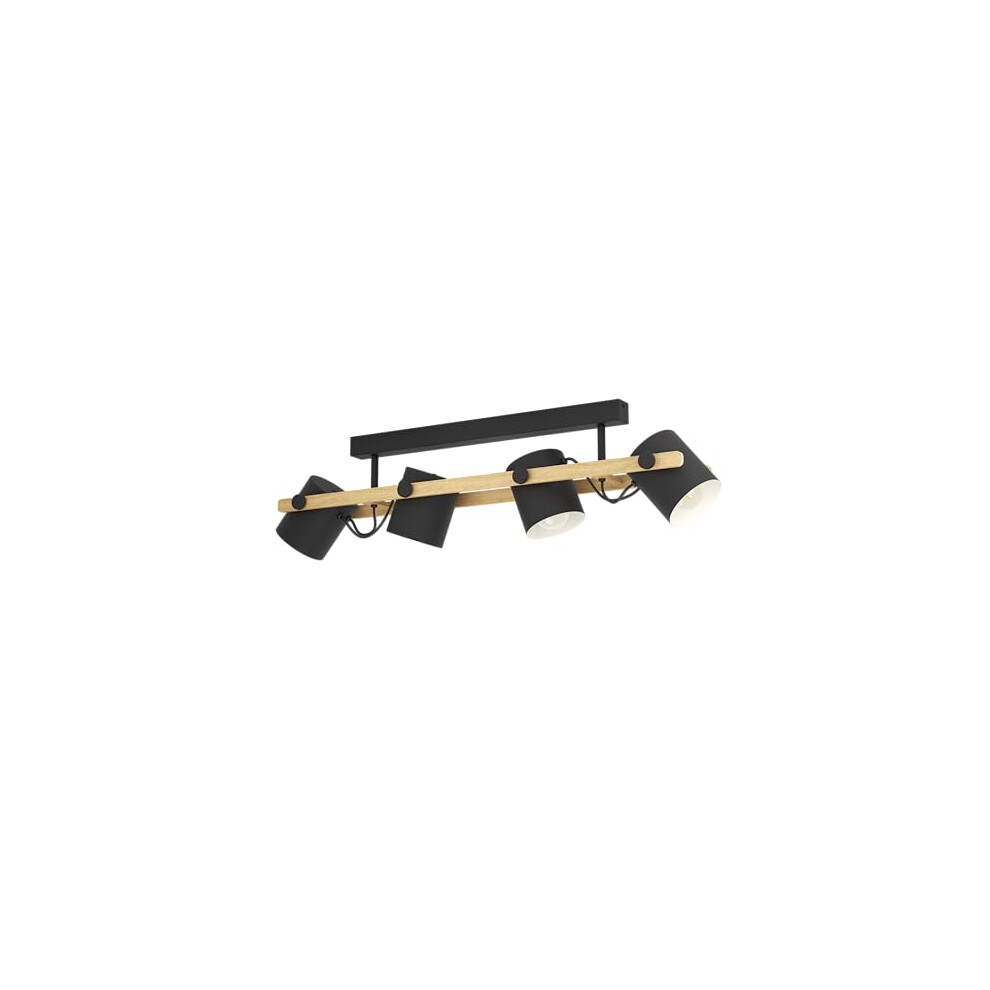 Eglo Ceiling Light Hornwood, 4 Light Vintage and Industrial Style Lighting Made of Black Metal and Natural Wood, Living Room and Bedroom spotlights,