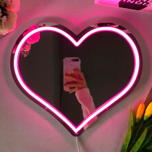 BDUN Heart Neon Signs with Dimmer, Pink Love Heart Neon Mirror Sign for Wall Decor, Heart Mirror with Light, USB Powered LED Neon Lights for Wedding,