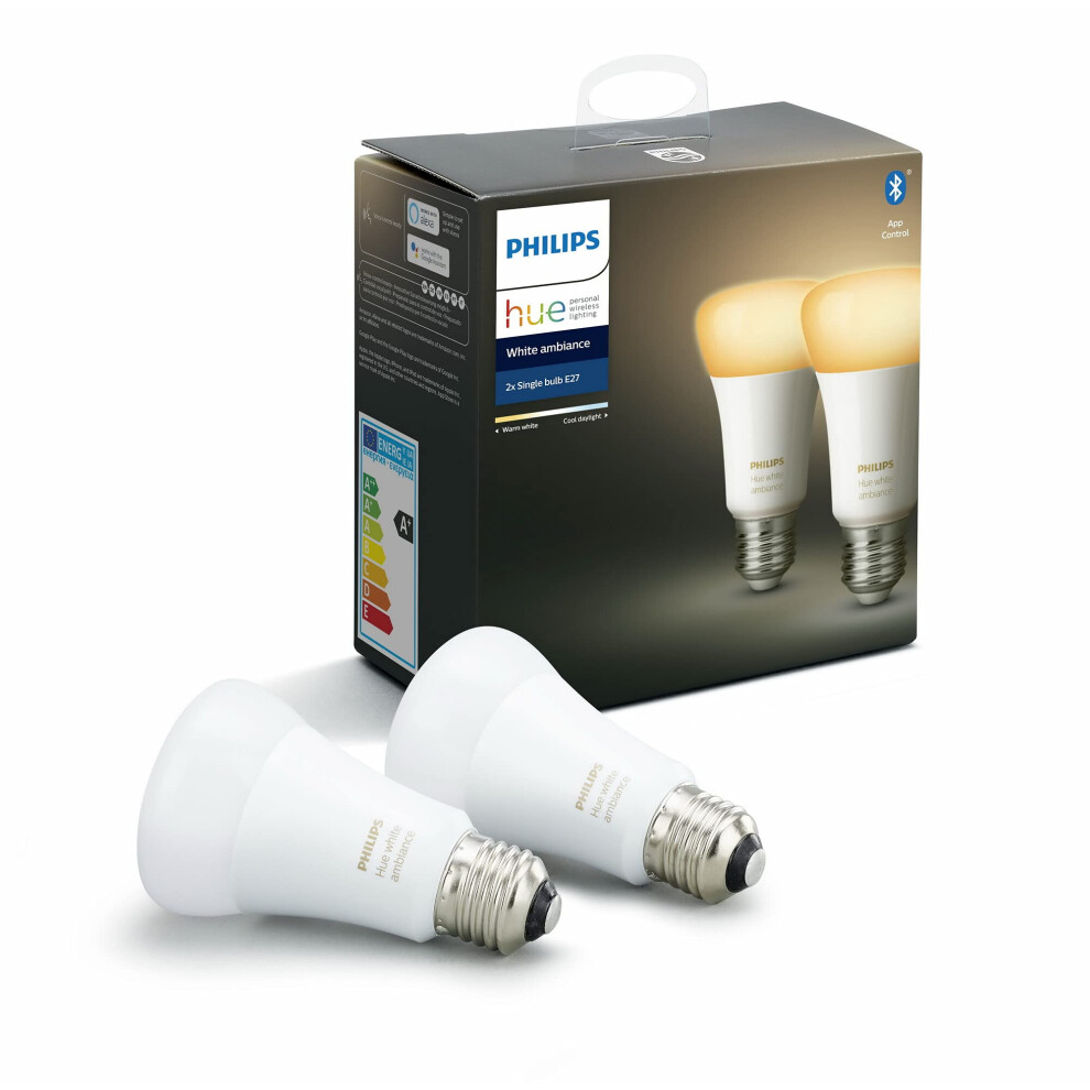 Philips Hue White Ambiance Smart LED Bulb Twin Pack [E27 Edison Screw] with Bluetooth, Works with Alexa, Google Assistant, and Apple Homekit