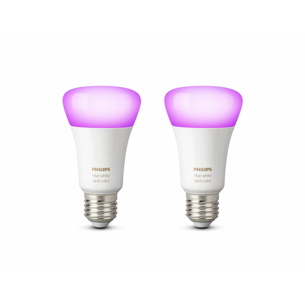 Philips Hue White and Colour Ambiance LED Smart Light Bulb 2 Pack [E27 Edison Screw] 60W Equivalent, with Bluetooth, Works with Alexa, Google