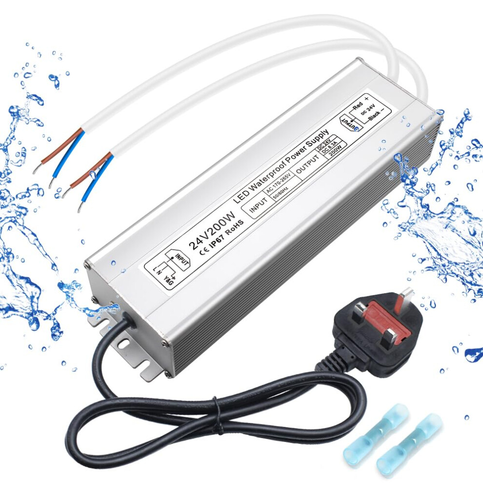 Inshareplus Led Power Supply, 24V 200W Ip67 Waterproof Outdoor Driver, Ac 170-265V To Dc 24V 8.3A Low Voltage Transformer, Adapter With 3-Prong Plug 5051219318139