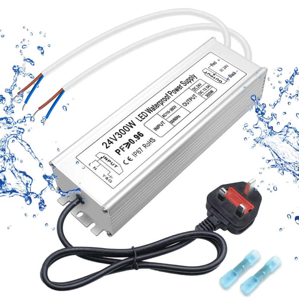 Inshareplus Led Power Supply, 24V 300W Ip67 Waterproof Outdoor Driver, Ac 90-265V To Dc 24V 12.5A Low Voltage Transformer, Adapter With 3-Prong Plug 5051219318238