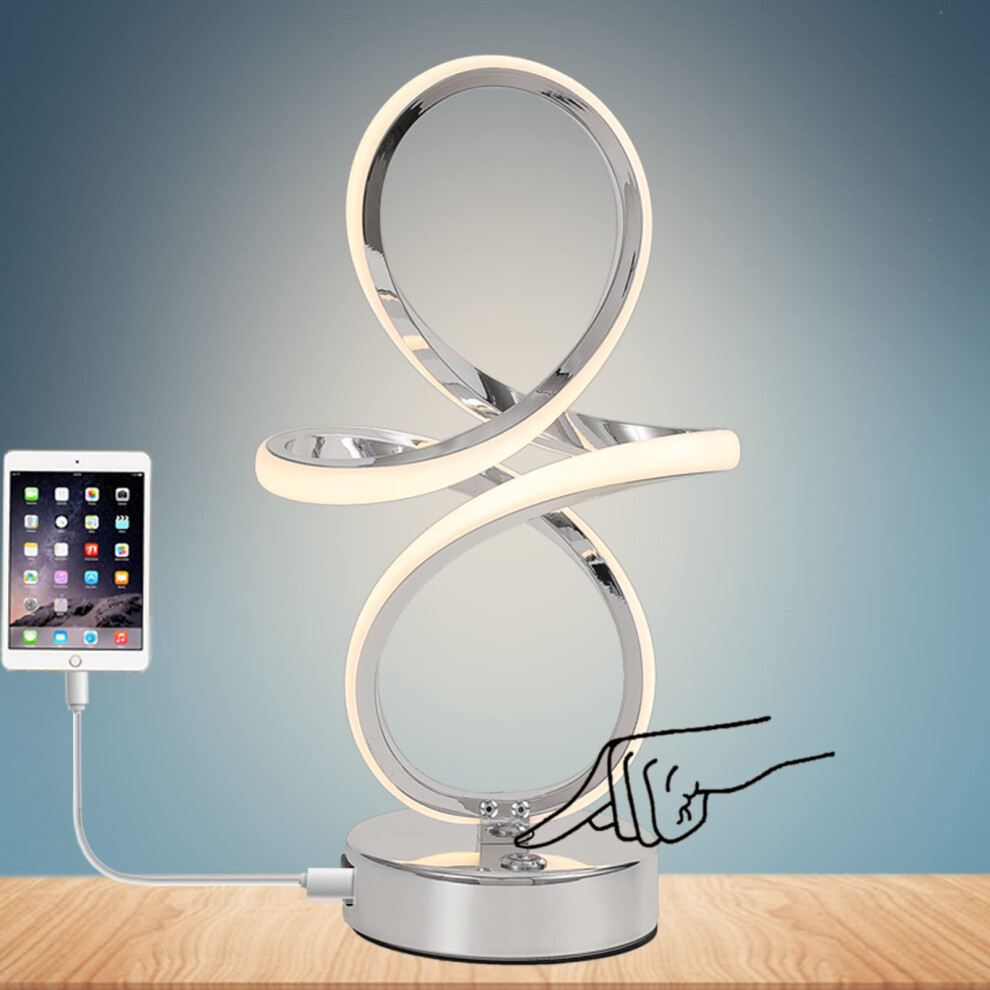 EIDISUNY LED Table Lamp Dimmable Touch Control Table Lamp Silver Curved LED USB Charge Bedside Lamp for Bedroom Office Living Room Creative Modern-image-OPC-PGN98PY-NEW