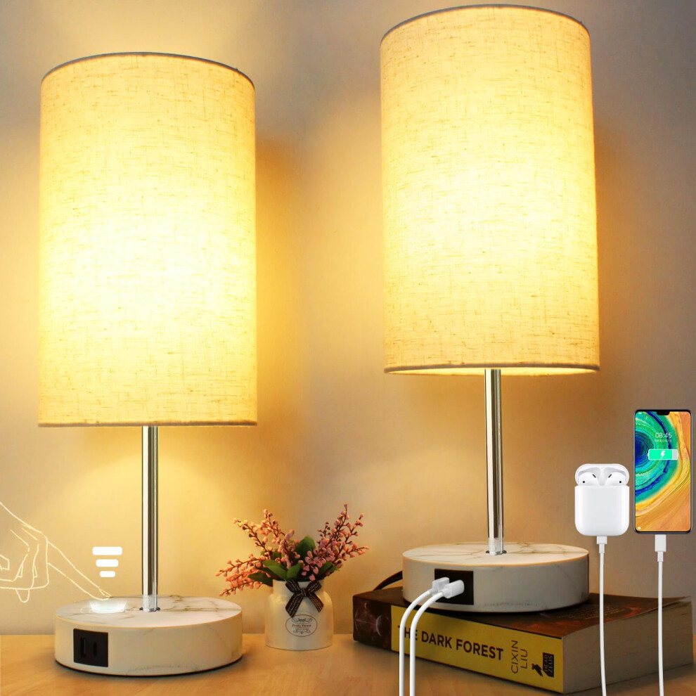 Wondlumi Bedside Lamps Set of 2, Touch Lamps Bedside with 3 Way Dimmable and 2 USB Charging Ports, Bedside Table Lamp with Marble Color Base and White-image-OPC-PGN98VC-NEW