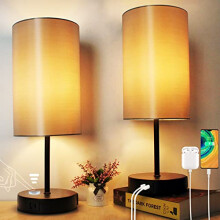 Wondlumi Touch Lamps Bedside Set of 2, 3Way Dimmable Black Table Lamp with 2USB Charging Ports, Modern Bed Side Light with Silver Shade for Living