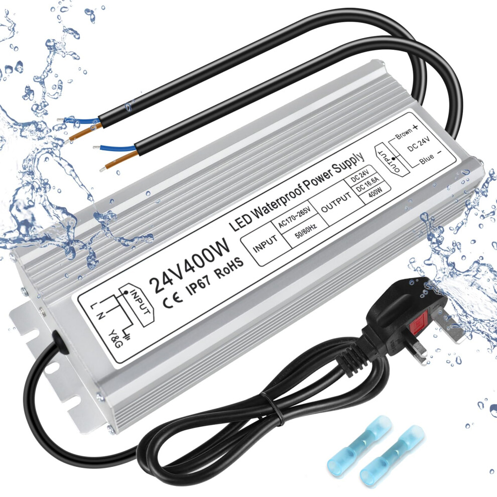 Inshareplus Led Power Supply, 24V 400W Ip67 Waterproof Outdoor Driver, Ac 170-265V To Dc 24V 16.6A Low Voltage Transformer, Adapter With 3-Prong Plug 5051219317637