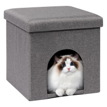 Bonlife Cat House Ottoman,Folding Cat Cave Beds for Indoor Cats,Winter Pet Kennel with Washable Pad,Footstool Seat with Lid,40x40x40cm,Grey