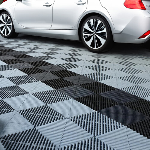 (Grey , Pack of 9) Modular Interlocking Ribbed Garage Flooring Tiles 2