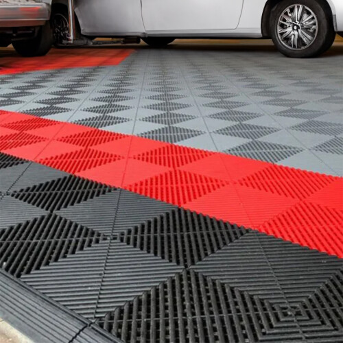 (Red, Pack of 15) Modular Interlocking Ribbed Garage Flooring Tiles 2