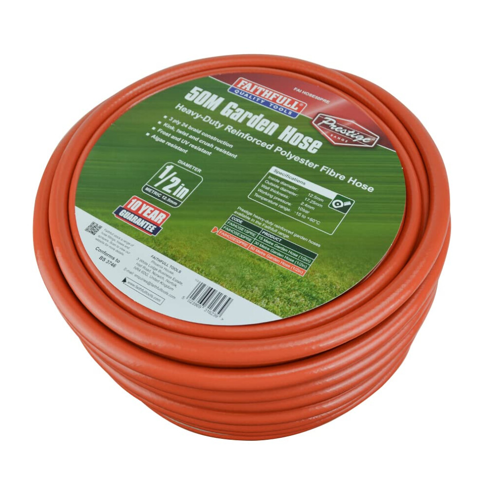 Faithfull FAIHOSE50PRE 50M (164 ft) Prestige Heavy-Duty Reinforced PVC Garden Hose 12.7 mm (1/2 Inch) Diameter, Orange