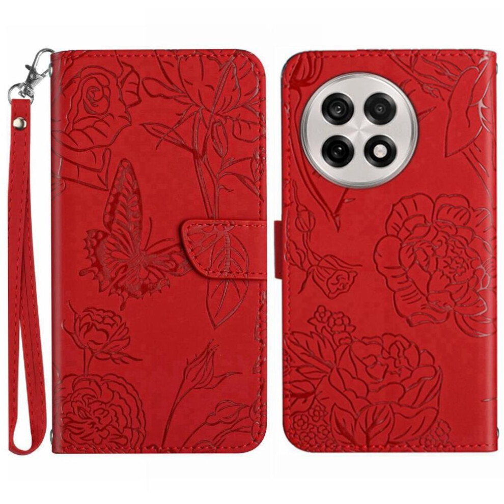 (Red) Flip Case For Oneplus 13 Pu Leather Flip Cover Anti-Drop Protection Flowers And Butterflies Shockproof Leather Case With Wrist Strap Red 764544145114