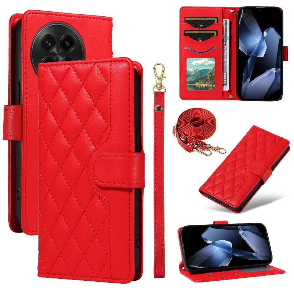 (Red) Flip Case For Oneplus 13 Wallet Card Slots Lattice Flip Folio Phone Case With Stand Detachable Wrist Strap And Long Lanyard Red 764544146630
