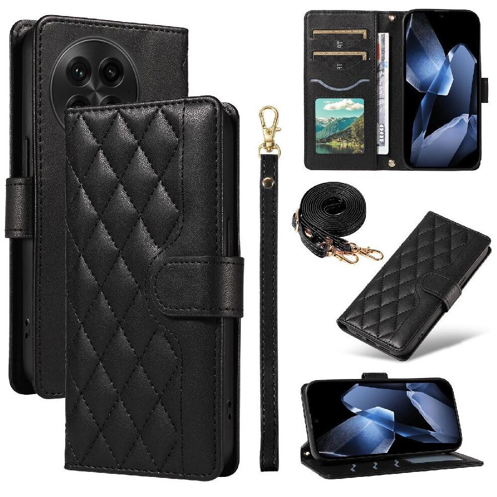(Black) Flip Case For Oneplus 13 Wallet Card Slots Lattice Flip Folio Phone Case With Stand Detachable Wrist Strap And Long Lanyard Black 764544146616