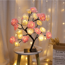 (Pink White) 1pc LED Rose Flower Table Lamp - Romantic Fairy Lights with 24 LEDs, USB Powered, Valentine's Day, Christmas, Wedding, Bedroom Decoration