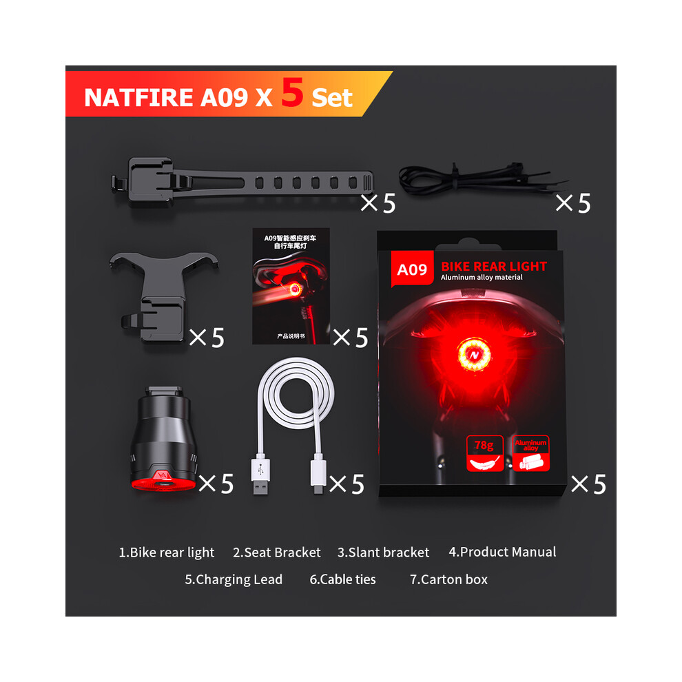 (5pcs A09) Smart Bike Rear Light Waterproof LED Charging Bicycle Auto Brake Sensing