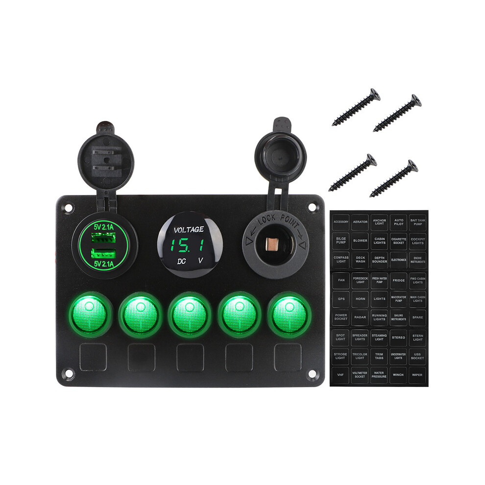(Green) 24V 12V Switch Panel 5 Buttons USB Charger Car Light Toggle Splitter Volt
