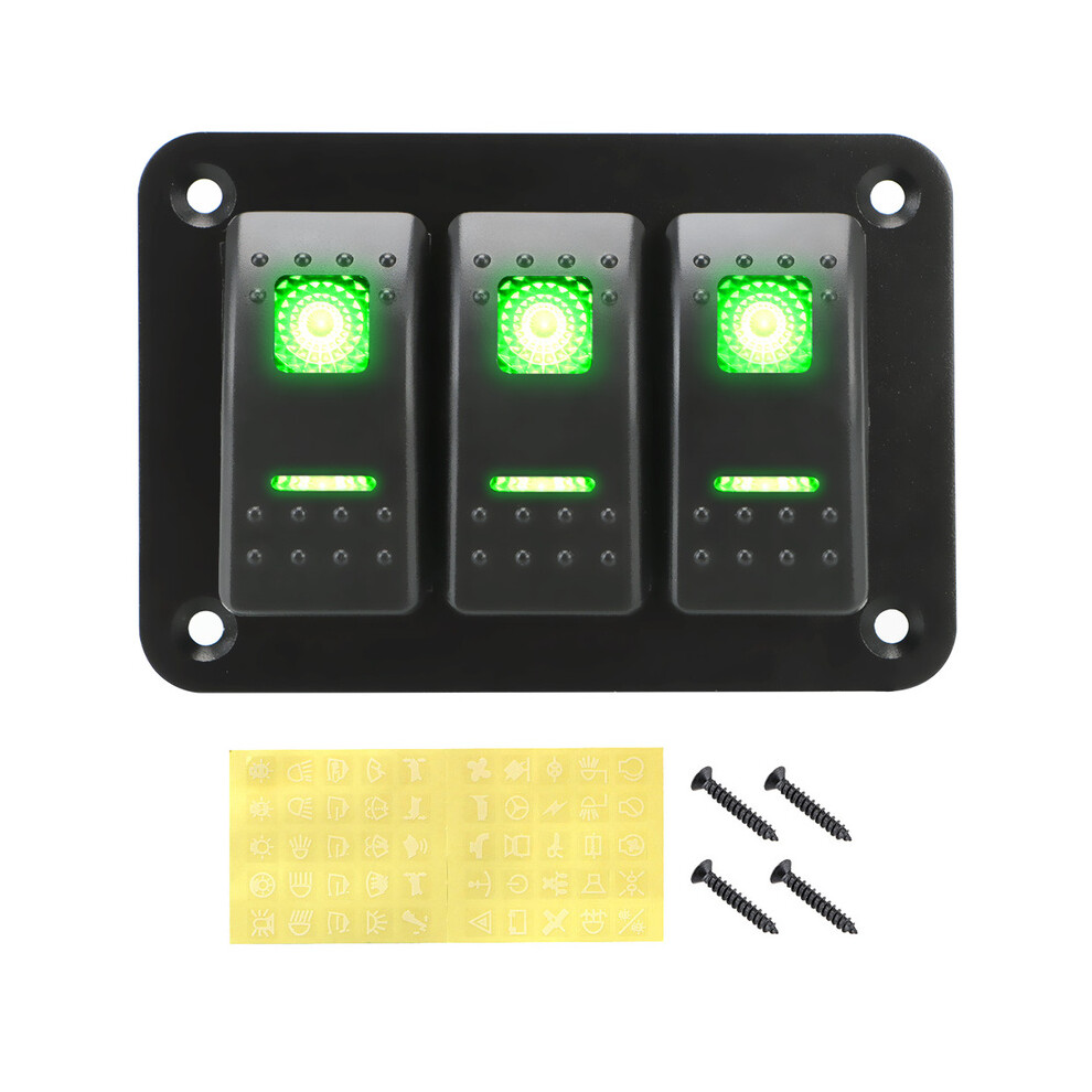 (Green) 24V 12V Switch Panel 3 Buttons Car Light Toggle For Boat Truck Trailer