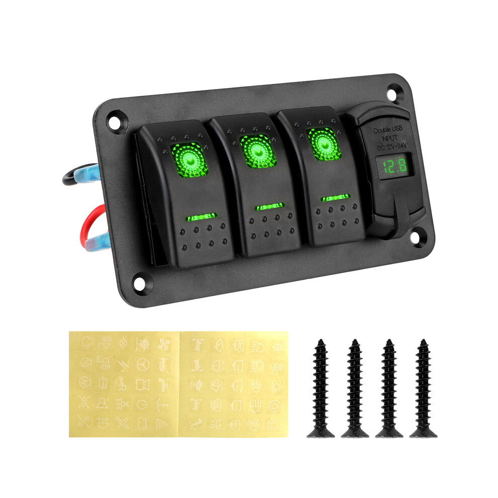 (Green) 24V 12V Switch Panel 3 Buttons Car Toggle Light USB Chargers 3.0 Volt-image-OPC-PGND2HY-NEW