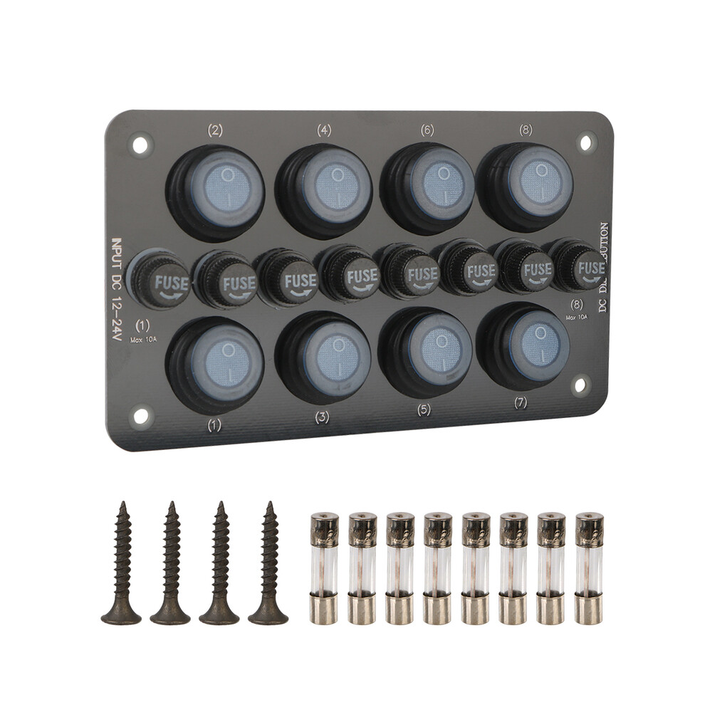 (Black) 10A Fuse 12V 24V Switch Panel 8 Buttons Light Toggle Blue LED Indicator