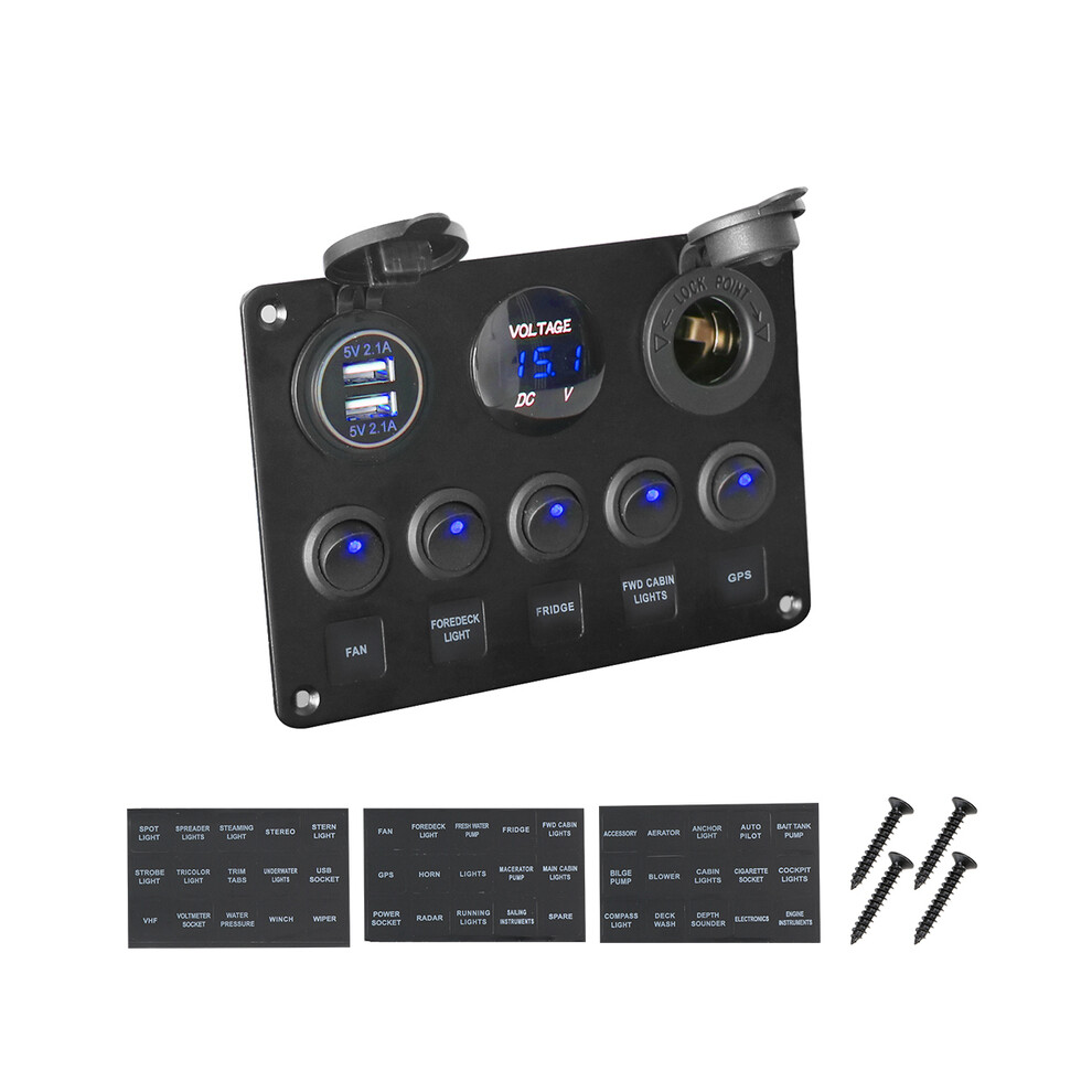 (Blue) 12V 24V 5 Button LED Switch Panel Light Toggle USB Chargers 3.0 Volt Gauge