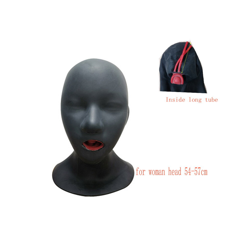 (women long tube) Seamless Hot 3D Latex Hood Rubber Mask Closed Eyes Fetish with Red Mouth